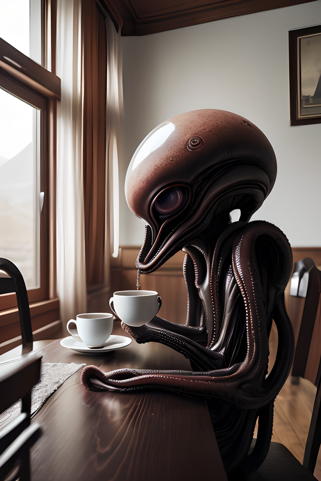 00694-3214361199-Raw photo style, a strange non-humanoid alien with tentacles drinking a cup of tea, wearing clothes, sitting in an alien dining.png